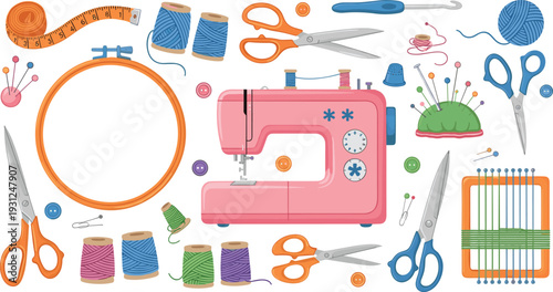 Sewing and Knitting Tools Set Tailoring Supplies Collection with Sewing Machine Scissors Threads Vector Illustration
