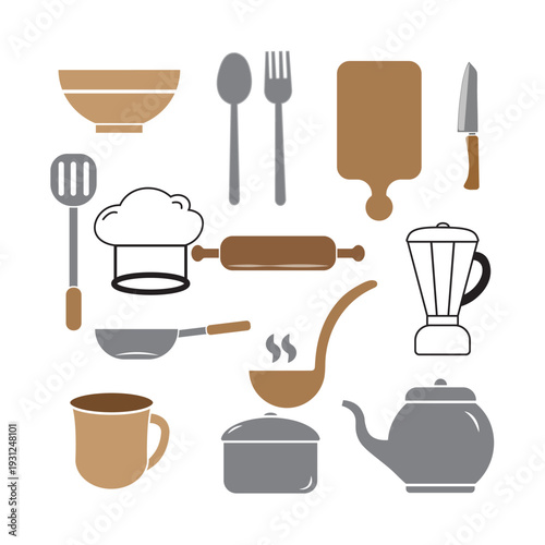 Colorful kitchen utensils icon set with cookware, cutlery, blender and teapot. Flat cooking tools collection isolated on white.