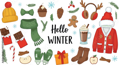 Hello Winter Clipart Set Cozy Holiday Elements with Scarf Hat Mittens Christmas Decorations Vector Collection