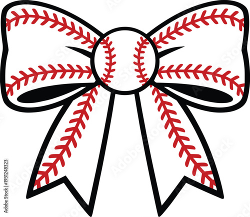Baseball Ribbon Bow with Red Stitching and Ball
