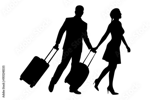 Man and woman walking with rolling suitcases, traveling couple pulling luggage, airport passengers, tourism journey silhouette vector illustration
