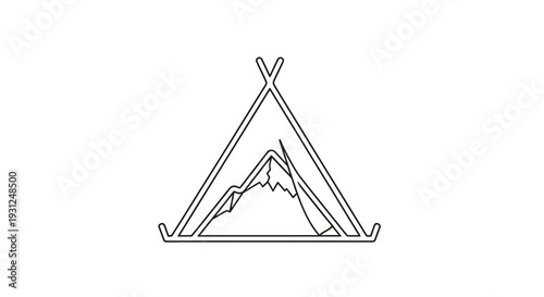 A simple line drawing of a tent with a mountain landscape viewed from the front elevation perspective