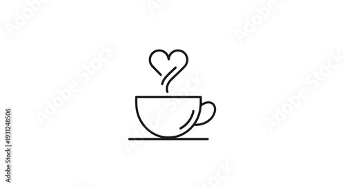 A heart-shaped steam rises from a simple line art coffee cup on a saucer, viewed directly from the front in a minimalist style