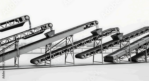 Conveyor belts transport materials across industrial site with multiple machinery units operating