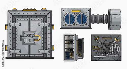 An illustration of a disassembled grey metal safe with various internal components exposed