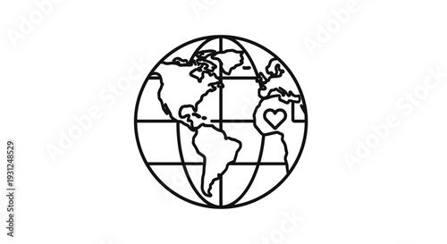 Simple line illustration of a globe with a heart symbol over a specific region on a clean background viewed from a straightforward perspective