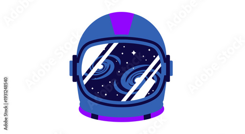 Astronaut helmet illustration featuring galaxy, stars, and space scene from a front viewpoint with cosmic elements and technological details