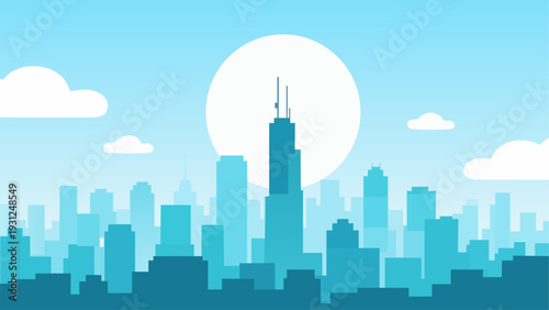A stylized, blue illustration depicts a city skyline with a prominent tower.