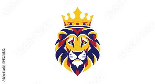 Majestic lion's head illustration with crown emblem symbolizing power and strength in vibrant colors from a direct frontal viewpoint