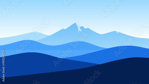 Layered blue mountain ranges create a minimalistic and tranquil landscape scene.