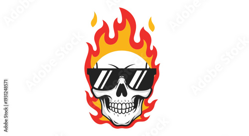 A stylized skull wearing sunglasses surrounded by vibrant flames, depicted in a graphic illustration style from a direct viewpoint.