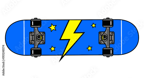 A blue skateboard with a yellow lightning bolt and stars on it viewed from above against a plain background