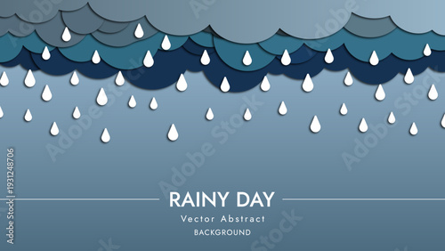 A layered paper art illustration depicts a rainy day with falling raindrops.