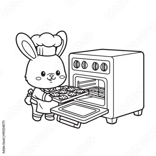 Cute Bunny Chef Baking Cookies Cartoon Coloring Page Vector
