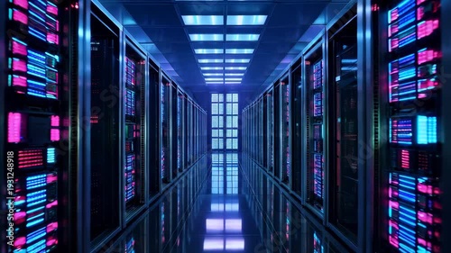 A long corridor of server racks with blue and pink lights in a data center