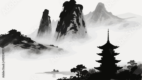 A serene landscape painting featuring misty mountains and a traditional pagoda.