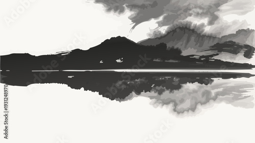 A grayscale landscape depicts mountains, water, and a cloudy sky reflection.
