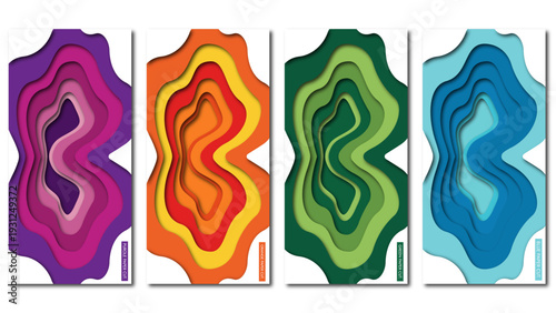 Four vibrant paper cut designs showcasing layered, flowing abstract shapes.