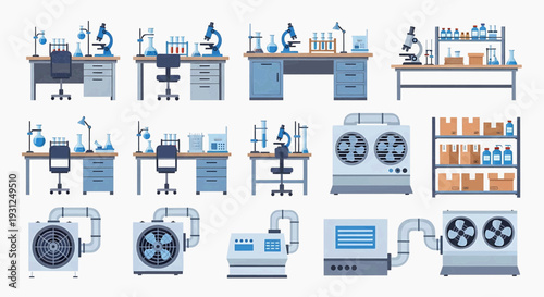 Various laboratory equipment and computers are arranged in a science laboratory setting with multiple workstations.