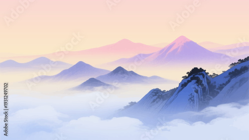 Serene mountain landscape with layered peaks emerging from a misty cloudscape.