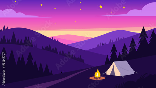 A vibrant illustration depicts a peaceful nighttime camping scene with mountains.