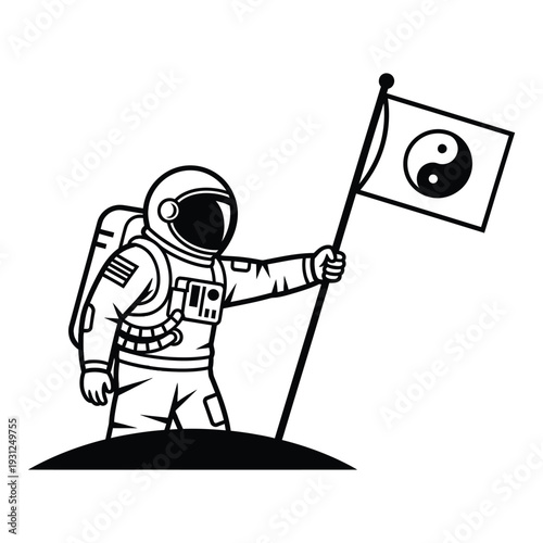 Astronaut in space holding a flag with yin yang symbol on it standing on a planet