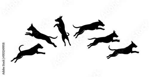Dynamic Dog Jumping Silhouette Set Vector Illustration on Solid White Background