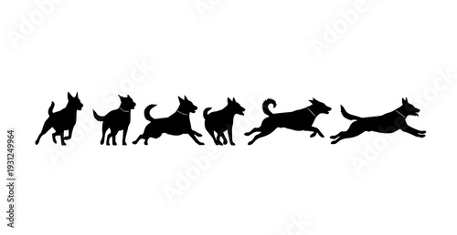 Six Running Dog Silhouettes in Motion Sequence Vector Isolated on White