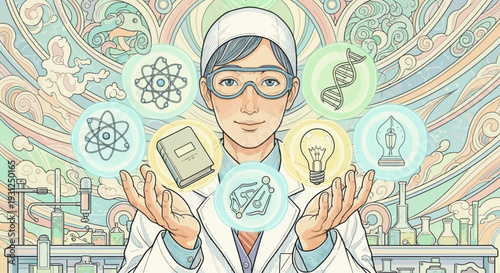 Female Scientist Holding DNA and Microchip.