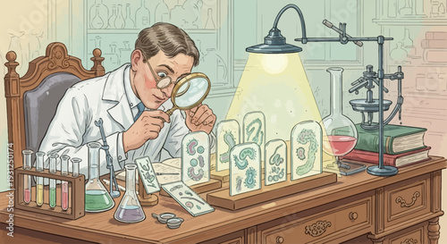 Scientist Examining Test Tubes with Magnifying Glass.