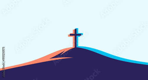 Minimal Flat Two Color Illustration of Hill with Cross in Vector Style