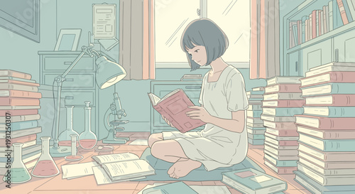 Woman Reading Book Surrounded by Books.