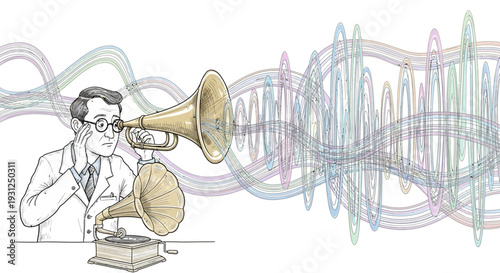 Man Listening to Music on Gramophone.