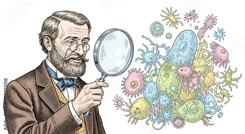 Man Examining Microorganisms with Magnifying Glass.