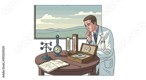 Scientist in Lab Coat Working at Desk.
