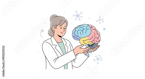 Female Scientist Holding Human Brain Model.