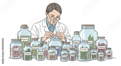 Scientist Examining Jars of Herbs and Spices.