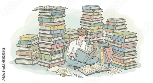 Man Sitting Amidst Stacks of Books.