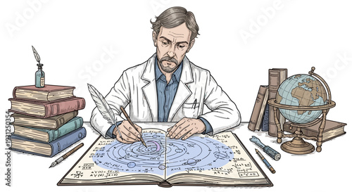 Cartographer Creating Detailed Map with Quill Pen.