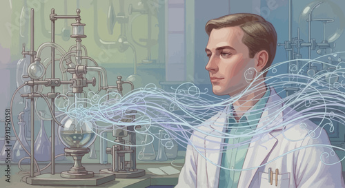 Scientist in lab coat with digital overlay.