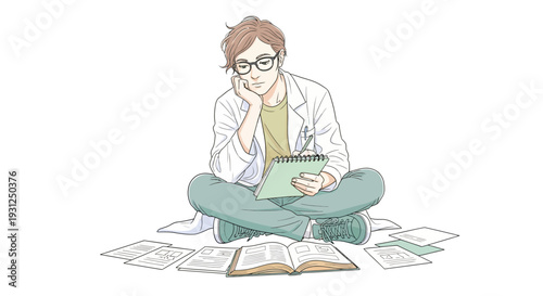 Man Sitting Cross Legged Reading Book.