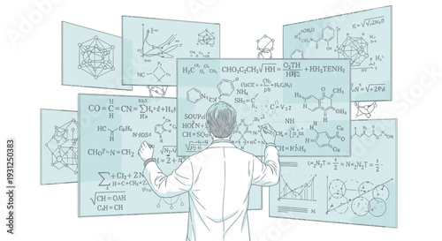 Scientist Analyzing Complex Chemistry Formulas on Boards.