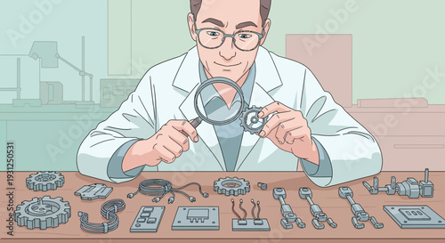 Scientist Examining Mechanical Parts with Magnifying Glass.