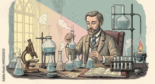 Scientist Examining Laboratory Equipment and Chemicals.