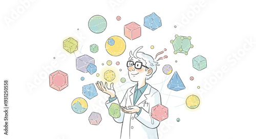 Scientist surrounded by geometric shapes and molecules.