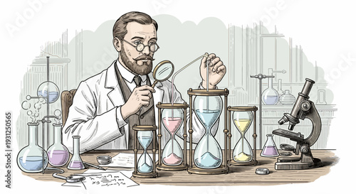 Scientist Examining Hourglasses with Laboratory Equipment.