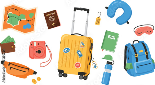 Travel accessories set including suitcase passport camera and backpack isolated on white background tourism vector illustration