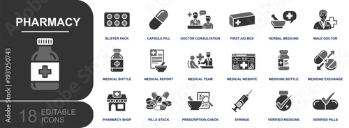 Pharmacy icon set. Containing blister pack, capsule pill, first aid box, medical report, pharmacy shop, syringe, verified pills and more. Solid fill vector icons collection for medical use