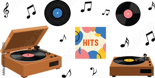 Vintage Record Player with Vinyl Discs and Music Notes Retro Turntable Vector Illustration Set