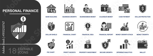 Personal finance icon set. Containing bank, cash payment, wallet calendar money, financial report, dollar protection, investment, profit growth, spend analytics and more. Solid vector icons.